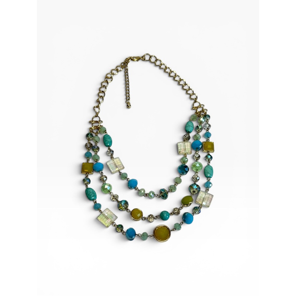 Layered Statement Necklace Turquoise Green Gold Tone Boho